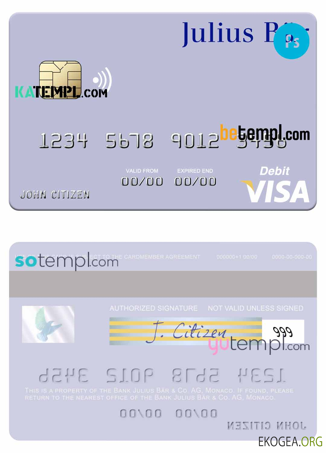 Carte de débit visa bancaire Monaco Julius Bär & Co. AG, modèle entièrement modifiable au format PSD